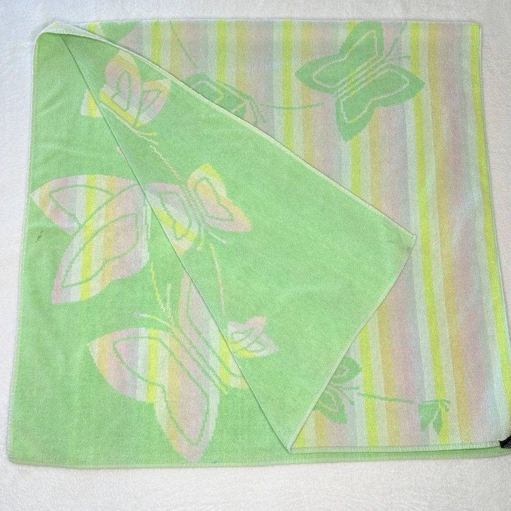 VTG Eaton Butterfly Bath Towel Pastel Green Pink Yellow Striped Y2K Cottagecore